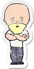 retro distressed sticker of a cartoon shocked bald man with beard