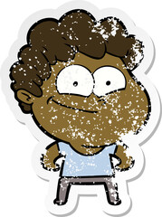 distressed sticker of a cartoon happy man