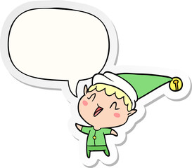 cartoon happy christmas elf and speech bubble sticker