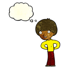 cartoon happy boy with hands on hips with thought bubble