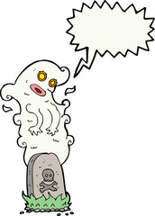 cartoon ghost rising from grave with speech bubble
