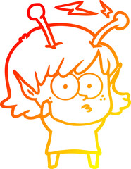 warm gradient line drawing cartoon alien girl