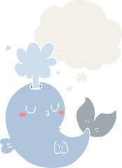 cartoon whale spouting water and thought bubble in retro style
