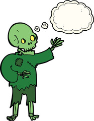 cartoon skeleton waving with thought bubble