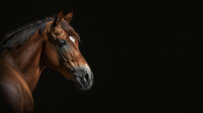 portrait of a brown horse, photo studio set up with key light, isolated with black background and copy space - generative ai