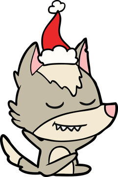 recommend clip art: friendly line drawing of a wolf sitting wearing santa hat