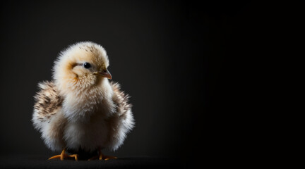 Obraz premium portrait of a chicken, photo studio set up with key light, isolated with black background and copy space - generative ai