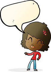 cartoon happy woman pointing with speech bubble