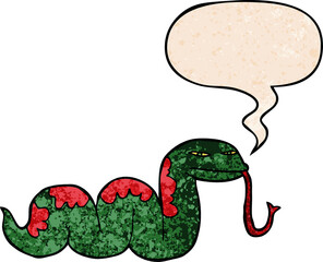 cartoon slithering snake and speech bubble in retro texture style