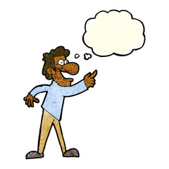 cartoon man pointing and laughing with thought bubble