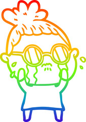 rainbow gradient line drawing cartoon crying woman wearing spectacles