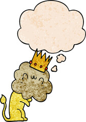 cartoon lion with crown and thought bubble in grunge texture pattern style