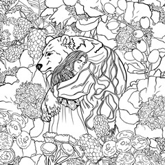 Antistress coloring page. A cute girl with long hair in a dress hugs a big wild bear in forest flower and berries. Save animals concept. Isolated on white. For coloring, tattoo, print, package, cards