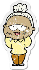 distressed sticker of a cartoon happy old lady