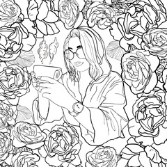 Antistress coloring page. Young office girl in glasses and wrist watch hold a cup of hot tea or coffee. Blooming roses frame. Isolated on white. For coloring, tattoo, print, package, cards, designers