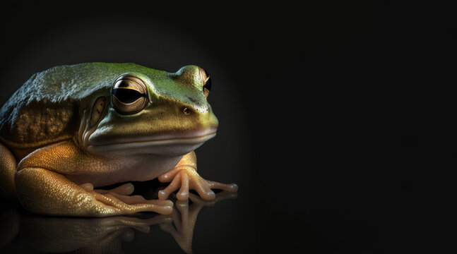 portrait of a frog photo studio set up with key light, isolated with black background and copy space - Generative AI