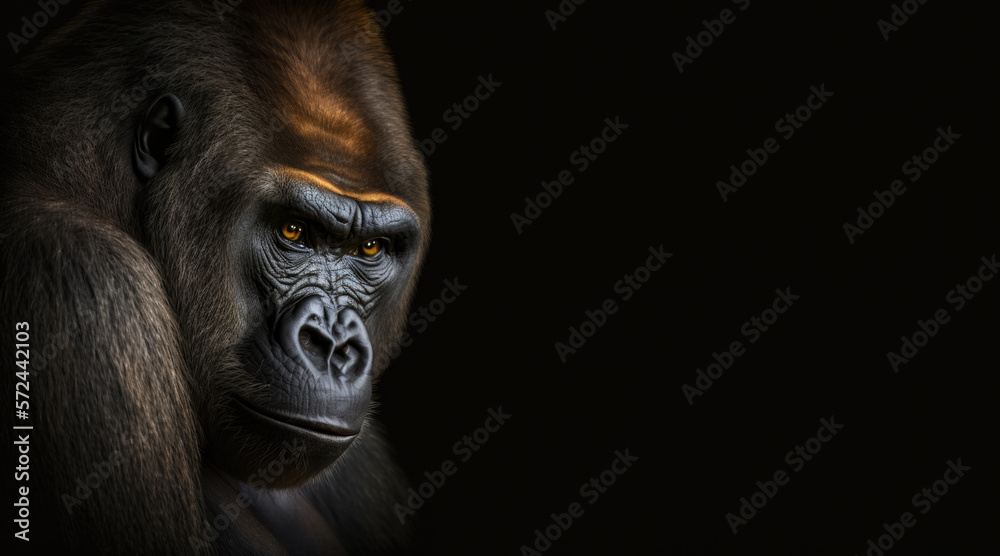Wall mural portrait of a gorilla photo studio set up with key light, isolated with black background and copy sp