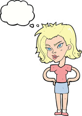 cartoon woman with hands on hips with thought bubble