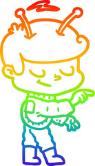 rainbow gradient line drawing friendly cartoon spaceman pointing