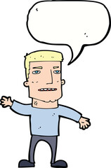 cartoon waving stressed man with speech bubble