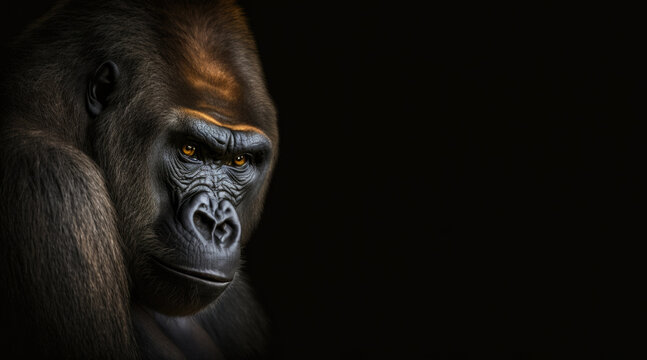 portrait of a gorilla photo studio set up with key light, isolated with black background and copy  space - generative ai