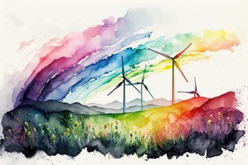 Watercolor windturbines in a meadow rainbow. Generative AI