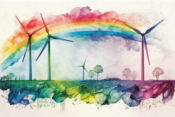 Obraz na płótnie Canvas Watercolor windturbines in a meadow rainbow. Generative AI
