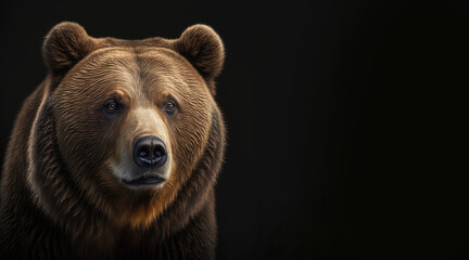 Fototapeta premium portrait of a brown grizzly bear photo studio set up with key light, isolated with black background and copy space - generative ai