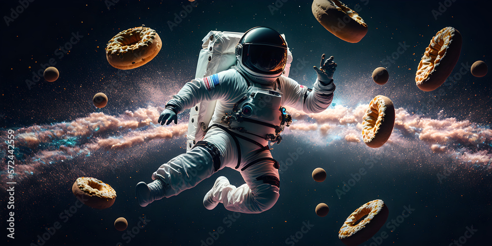 Wall mural astronaut in space with donuts. space donuts. astronaut with donuts. dancing astronaut. funny astron