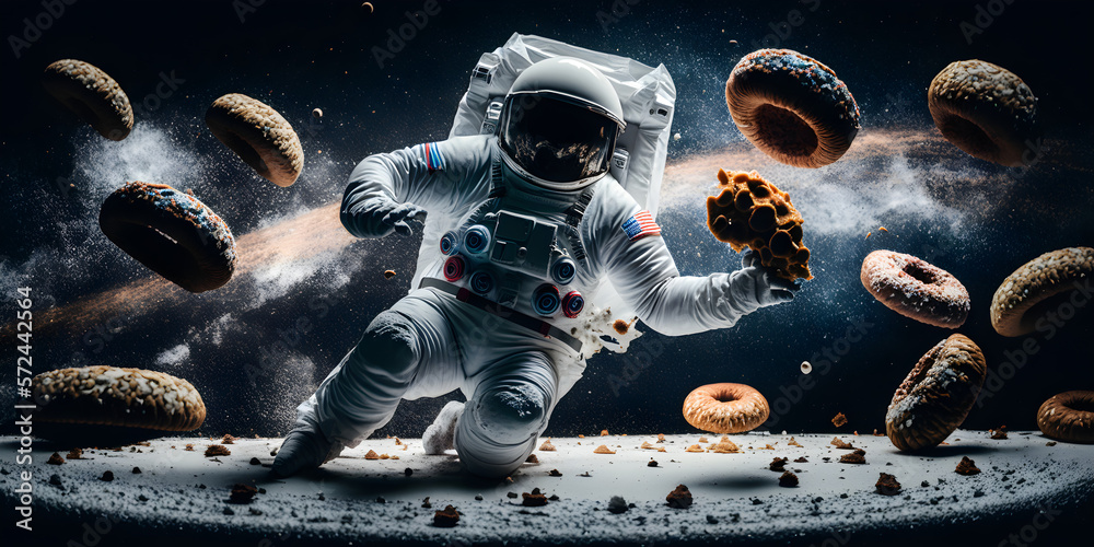 Wall mural astronaut in space with donuts. space donuts. astronaut with donuts. dancing astronaut. funny astron