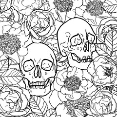 Antistress coloring page. Set of skulls with flowers. Collection of human skull with floral frame. Vector illustration isolated on white background. For coloring, tattoo, print, designer boho style