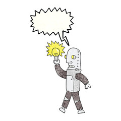 speech bubble textured cartoon robot with light bulb