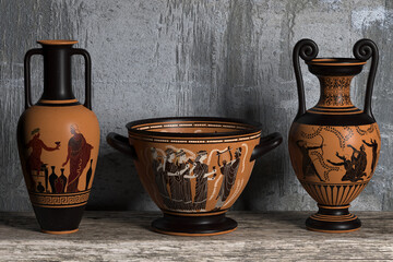 Three ancient Greek wine vases of different shapes with meander ornaments and various patterns...