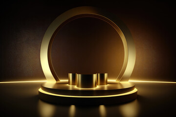 Golden empty scene for product presentation. Mockup pedestal with spotlights. Created with Generative AI technology.