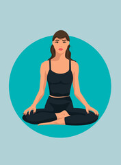 Relaxed young woman meditating in yoga lotus pose om blue background