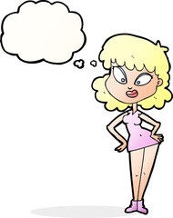 cartoon woman with hands on hips with thought bubble