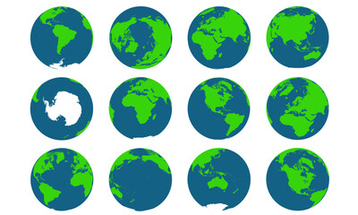 World globe different angles and all continents vector set