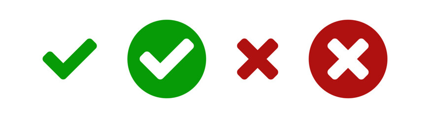 Set of simple chek marks icon. Color tick and cross. YES or NO accept and decline symbol. Buttons for vote, election choice.