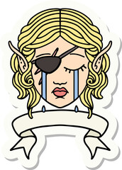 crying elf rogue character face with banner sticker