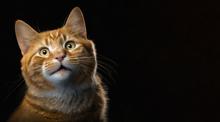 Obraz premium portrait of a happy ginger cat, photo studio set up with key light, isolated with black background and copy space - generative ai