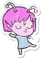 distressed sticker of a cartoon alien girl