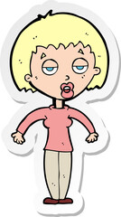 sticker of a cartoon woman shrugging shoulders