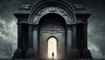 Fototapeta premium man steps out of a gigantic stone gate from beyond into a grey dark world