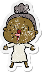 distressed sticker of a cartoon happy old woman