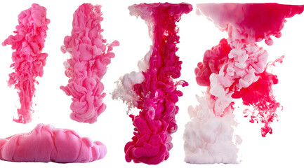 six bright pink and white ink clouds under water isolated on white background. colorful splash