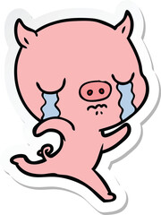 sticker of a cartoon running pig crying