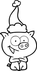 cheerful sitting pig line drawing of a wearing santa hat