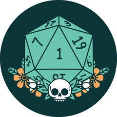 natural one dice roll with floral elements icon