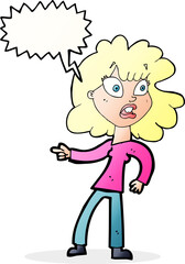 cartoon worried woman pointing with speech bubble