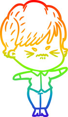 rainbow gradient line drawing cartoon frustrated woman